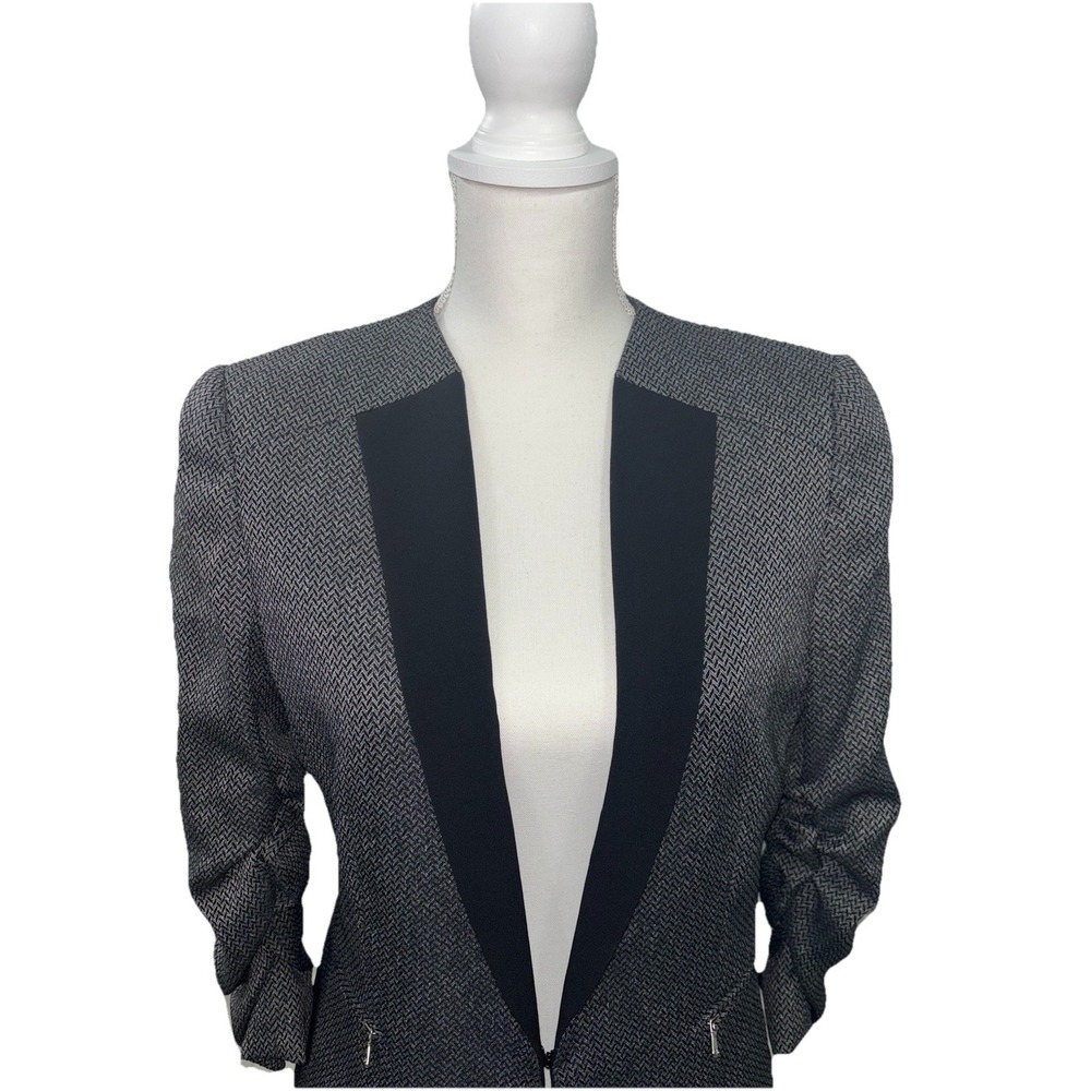 Tahari ASL Petite 8P Grey Herringbone Tuxedo Blazer Ruched Sleeve Zipper‎ Accent - Picture 5 of 13